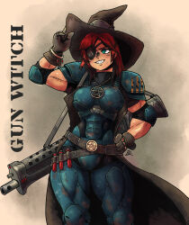 Rule 34 | adjusting clothes, adjusting headwear, armor, assault rifle, elbow pads, eyepatch, gloves, green eyes, gun, hat, highres, jewelry, kabewski, long hair, muscular, muscular female, necklace, original, pauldrons, pentagram, red hair, rifle, shoulder armor, signature, skirt, smile, teeth, vial, weapon, witch, witch hat