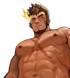 Rule 34 | 1boy, averting eyes, bara, brown hair, character request, closed mouth, copyright request, fire, gh himainu, highres, looking to the side, male focus, navel, nipples, orange eyes, pectorals, scar, scar on chest, short hair, sideburns, solo, teeth, topless male, upper body, white background