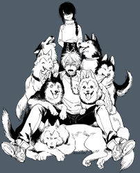 Rule 34 | 1boy, 1girl, biting, braid, braided ponytail, chainsaw man, denji (chainsaw man), dog, hair over one eye, husky, leash, looking at viewer, nair (mindcreator), nayuta (chainsaw man), open mouth, sharp teeth, simple background, sitting, smile, teeth, tongue, tongue out