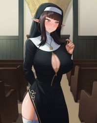 Rule 34 | 1girl, arisa (jagaimo (kkamja)), arm behind back, bench, black dress, black hair, blunt bangs, blush, breasts, church, cleavage, closed mouth, cowboy shot, dress, elf, embarrassed, garter straps, habit, indoors, jagaimo (kkamja), jewelry, long hair, long sleeves, looking away, looking to the side, necklace, nose blush, nun, original, pelvic curtain, pendant, pointy ears, purple eyes, sidelocks, solo, thighhighs, unzipped, white thighhighs, zipper, zipper pull tab