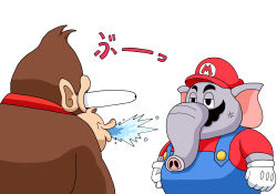 Rule 34 | 2boys, angry, animal ears, donkey kong, donkey kong (series), elephant ears, elephant mario, facial hair, gloves, hat, highres, laughing, looking at another, mario, mario (series), multiple boys, mustache, necktie, nintendo, overalls, spitting, standing, super mario bros. wonder, surprised
