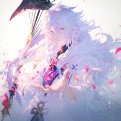 Rule 34 | 1boy, bishounen, black shirt, blue eyes, cherry blossoms, commentary, fate/grand order, fate (series), highres, hood, hood down, long hair, male focus, merlin (fate/stay night), messy hair, outstretched hand, petals, rella, robe, shirt, smile, solo, staff, very long hair, white hair, white robe