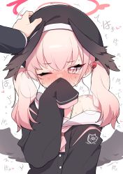 Rule 34 | 1girl, absurdres, black headwear, black shirt, blue archive, blush, covering own mouth, halo, hand on another&#039;s head, hat, head wings, headpat, highres, koharu (blue archive), medium hair, mg pong, one eye closed, pink eyes, pink hair, shirt, short hair, simple background, sleeves past fingers, sleeves past wrists, solo focus, twintails, white background, wings