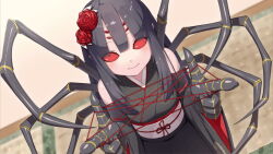 Rule 34 | 1girl, arthropod girl, arthropod limbs, artist request, bare shoulders, black hair, black kimono, blunt bangs, carapace, cat&#039;s cradle, detached sleeves, extra ears, flower, game cg, hair flower, hair ornament, insect girl, japanese clothes, kimono, komachi (monster musume), long hair, looking at viewer, monster musume no iru nichijou, monster musume no iru nichijou online, obi, official art, red eyes, red flower, sash, smile, solid eyes, solo, spider girl, wide sleeves