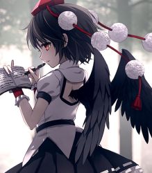 Rule 34 | 1girl, back cutout, bird wings, black hair, black skirt, clothing cutout, cropped legs, dise (psychoro), feathered wings, frilled skirt, frills, hat, looking to the side, notebook, pen, pom pom (clothes), puffy short sleeves, puffy sleeves, red eyes, ribbon-trimmed skirt, ribbon trim, shameimaru aya, short hair, short sleeves, skirt, solo, standing, tokin hat, touhou, upper body, wings, wrist cuffs