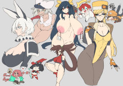 Rule 34 | 1boy, 6+girls, bikini, bodystocking, breasts, choker, collar, covered navel, detached sleeves, dizzy (guilty gear), elphelt valentine, english text, fingerless gloves, funaya (a2brasd), fur hat, giovanna (guilty gear), glasses, gloves, grey background, guilty gear, guilty gear strive, guilty gear xrd, hat, highres, huge breasts, i-no, jack-o&#039; valentine, kuradoberi jam, large breasts, leg up, leotard, long hair, looking at viewer, mature female, may (guilty gear), mature female, millia rage, multiple girls, navel, nipples, office lady, open mouth, ramlethal valentine, sagging breasts, simple background, smile, sol badguy, sports bra, string bikini, swimsuit, thick thighs, thighs, twintails, ushanka, yellow leotard