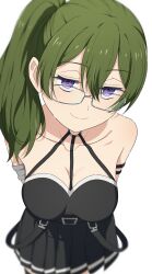 Rule 34 | 1girl, absurdres, arm strap, armlet, bare shoulders, black dress, breasts, camui1104, cleavage, closed mouth, collarbone, dress, from above, glasses, green hair, hair between eyes, half-closed eyes, highres, large breasts, long hair, looking at viewer, o-ring, pleated dress, purple eyes, side ponytail, sidelocks, simple background, smile, solo, sousou no frieren, suspenders hanging, ubel (sousou no frieren), white background