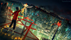 Rule 34 | 1boy, black hair, chinese clothes, chinese text, city, kite, knite, male focus, mask, night, solo, string of light bulbs, watermark, web address, yuumei