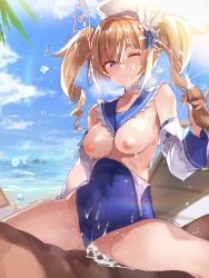 Rule 34 | 1girl, 2boys, barbara (genshin impact), barbara (summertime sparkle) (genshin impact), bare shoulders, beach, blonde hair, blue eyes, blue sky, blush, breasts, breasts out, censored, clothed sex, clothes pull, cowgirl position, cum, ddolggol, genshin impact, girl on top, group sex, handjob, hetero, highres, large breasts, long hair, looking at viewer, mmf threesome, mosaic censoring, multiple boys, nipples, official alternate costume, one-piece swimsuit pull, penis, pussy, sex, sky, smile, spread legs, straddling, threesome, twintails, vaginal, white headwear