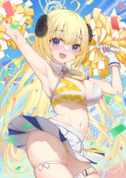 Rule 34 | 1girl, :d, absurdres, ahoge, armpits, bikini, bikini top only, blonde hair, breasts, cheerleader, cleavage, cosplay, gloves, highres, hololive, horns, juu p, large breasts, midriff, millennium cheerleader outfit (blue archive), miniskirt, navel, open mouth, pom pom (cheerleading), purple eyes, sheep girl, sheep horns, skindentation, skirt, smile, solo, sweat, swimsuit, thigh strap, tsunomaki watame, virtual youtuber, white gloves