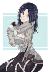 Rule 34 | 1girl, animification, apex legends, black gloves, black hair, black pants, blue eyes, breasts, fingerless gloves, gloves, grey jacket, head tilt, highres, jacket, looking at viewer, medium breasts, medium hair, nakaba (mode), official alternate costume, pants, parted bangs, simple background, solo, star (symbol), straitjacket, the liberator wraith, twitter username, wraith (apex legends)
