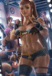 Rule 34 | 4girls, abs, absurdres, breasts, brigitte (overwatch), cat, d.va (overwatch), female focus, freckles, gym, highres, hip focus, lips, looking at viewer, medium breasts, midriff, multiple girls, muscular, muscular female, nail polish, overwatch, overwatch 1, phone, ponytail, sakimichan, selfie, short shorts, shorts, smile, sombra (overwatch), sports bra, sportswear, stomach, sweat, tank top, thick thighs, thighs, toned, torn clothes, underboob, wide hips, zarya (overwatch)