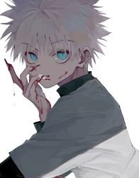 Rule 34 | 1boy, blood, blood on face, blood on hands, blue eyes, commentary request, dripping, fingernails, from side, grey shirt, hand up, highres, hunter x hunter, killua zoldyck, llilililiilii, long fingernails, looking at viewer, looking to the side, male focus, parted lips, sharp fingernails, shirt, short hair, short sleeves, simple background, slit pupils, solo, spiked hair, undershirt, upper body, white background, white hair