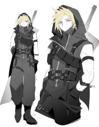 Rule 34 | 1boy, arm belt, belt, blonde hair, blue eyes, bright pupils, buster sword, closed mouth, cloud strife, cropped legs, duoj ji, expressionless, final fantasy, final fantasy vii, final fantasy vii remake, full body, gloves, hands in pockets, highres, huge weapon, jacket, looking at viewer, male focus, multiple views, pants, short hair, signature, simple background, sketch, spiked hair, spot color, standing, strap, sword, thigh belt, thigh strap, weapon, weapon on back, white background, white pupils, zipper, zipper pull tab
