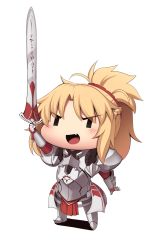 Rule 34 | 1girl, :d, armor, blonde hair, blush, boa (brianoa), breastplate, chibi, clarent (fate), fang, fate/apocrypha, fate (series), full body, gauntlets, gorget, greaves, hand up, highres, holding, holding sword, holding weapon, mordred (fate), mordred (fate/apocrypha), open mouth, pauldrons, pelvic curtain, ponytail, shoulder armor, smile, solo, sword, transparent background, weapon, | |, || ||