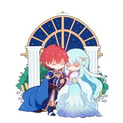 Rule 34 | 1girl, 2boys, aged down, armor, artist request, baby, blue armor, blue hair, bride, cape, chibi, closed eyes, dress, eliwood (fire emblem), father and son, fire emblem, fire emblem: the binding blade, fire emblem: the blazing blade, fire emblem heroes, gloves, hair ornament, mother and son, multiple boys, ninian, nintendo, red hair, roy (fire emblem), short hair, simple background, smile, sword, tiara, veil, weapon, wedding dress