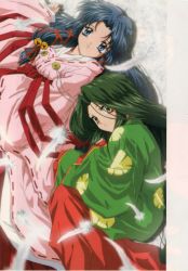 Rule 34 | 00s, 2girls, absurdres, air (visual novel), bell, blue eyes, blue hair, brown eyes, closed mouth, fingernails, from above, gradient background, green hair, hair intakes, hair ornament, highres, japanese clothes, jingle bell, kimono, long hair, looking at viewer, lying, multiple girls, on back, on side, tagme, x hair ornament