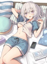 Rule 34 | 1girl, arm behind head, bare legs, bed, black ribbon, blue shirt, blue shorts, blush, breasts, buttons, commission, d:, drawstring, embarrassed, english text, hamigakikoice, hand up, highres, keyboard (computer), long hair, looking at viewer, lying, medium breasts, medium hair, navel, notice lines, one side up, open mouth, original, phone, pillow, purple eyes, ribbon, ribbon-trimmed sleeves, ribbon trim, shirt, short sleeves, shorts, skeb commission, solo, stomach, striped pillow, thank you, thighs, tissue box, twitter username, two-tone shirt, underboob, white hair, white shirt
