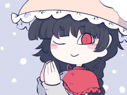 Rule 34 | 1girl, ajirogasa, black hair, blush stickers, braid, capelet, chahan (fried rice0614), closed mouth, dress, grey dress, hat, long earlobes, long hair, long sleeves, one-hour drawing challenge, one eye closed, palms together, red capelet, red eyes, smile, solo, touhou, twin braids, upper body, yatadera narumi