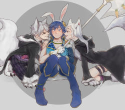 Rule 34 | 1girl, 2boys, all fours, alternate costume, animal ears, animal hands, bisexual male, blue hair, blush, chrom (fire emblem), claws, coat, fake animal ears, fangs, fire emblem, fire emblem awakening, fire emblem heroes, fur trim, gloves, highres, hood, hooded coat, implied yaoi, looking at another, multiple boys, nintendo, official alternate costume, open mouth, paw gloves, paw shoes, rabbit ears, robin (female) (fire emblem), robin (fire emblem), robin (male) (fire emblem), silver hair, sitting, smile, tail, tio-trile, twintails, wolf ears, wolf tail
