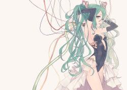 Rule 34 | 1girl, blue hair, cable, cowboy shot, dress, elbow gloves, eyelashes, female focus, from side, gloves, green hair, grey eyes, hair ornament, hatsune miku, leotard, lipstick, long hair, looking at viewer, makeup, noco (adamas), robot, simple background, solo, standing, twintails, very long hair, vocaloid, wavy hair, white background, wire