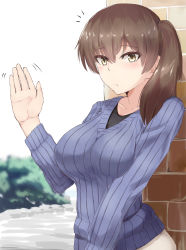 Rule 34 | 10s, 1girl, alternate costume, blurry, blurry background, blush, breasts, brick wall, brown eyes, bush, collarbone, expressionless, highres, kaga (kancolle), kantai collection, large breasts, looking at viewer, medium hair, ninoude (ninoude44), parted bangs, ribbed sweater, side ponytail, solo, standing, sweater, upper body, waving