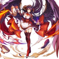 Rule 34 | amon (kami project), artist request, black hair, black wings, blowing, boots, breasts, bustier, cleavage, cleavage cutout, clothing cutout, company name, cup, demon girl, demon horns, dmm, dust cloud, fire, flowing dress (dq), full body, garter straps, gloves, high heel boots, high heels, horns, kamihime project, large breasts, maid, official art, solo, tea kettle, teacup, thighhighs, white background, wings, yellow eyes