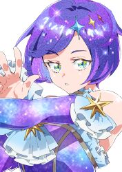 Rule 34 | 1girl, absurdres, ascot, commentary request, elbow gloves, ginga sadame, gloves, green eyes, hands up, high school! kiratto pri chan, highres, kiratto pri chan, looking at viewer, parted lips, pretty series, purple gloves, purple hair, short hair, simple background, solo, space print, sparkle, sparkle hair ornament, starry sky print, tsujii luki, upper body, white ascot, white background