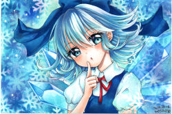 Rule 34 | 1girl, :o, airbrush (medium), artist name, blue background, blue dress, blue eyes, blue hair, blush, cirno, commentary request, dated, dress, finger to cheek, hair between eyes, hair ribbon, head tilt, index finger raised, looking at viewer, marker (medium), mosho, neck ribbon, partial commentary, pinafore dress, puffy short sleeves, puffy sleeves, red ribbon, ribbon, shirt, short hair, short sleeves, sleeveless dress, snowflake background, solo, standing, touhou, traditional media, upper body, white shirt, wings