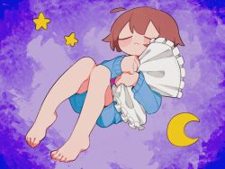 Rule 34 | 1other, :&lt;, = =, ahoge, androgynous, barefoot, blue shorts, blue sweater, brown hair, child, closed eyes, colored skin, crescent, detached ahoge, frisk (undertale), full body, highres, holding, holding pillow, knees together feet apart, knees up, long sleeves, no nose, other focus, pillow, purple background, short hair, shorts, sleeping, solo, star (symbol), sweater, tadeno, undertale, yellow skin
