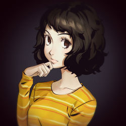 Rule 34 | 10s, 1girl, bad id, bad tumblr id, brown eyes, brown hair, closed mouth, collarbone, dark background, finger to own chin, ilya kuvshinov, kawakami sadayo, long sleeves, looking at viewer, persona, persona 5, pink lips, portrait, short hair, solo, striped clothes, striped sweater, sweater, upper body, wavy hair