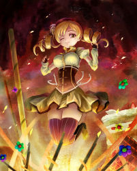 Rule 34 | 10s, 1girl, blonde hair, chocolate, corset, detached sleeves, drill hair, fingerless gloves, gloves, highres, mahou shoujo madoka magica, mahou shoujo madoka magica (anime), one eye closed, pote (crown), skirt, solo, thighhighs, tomoe mami, twintails, wink, yellow eyes