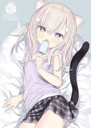 Rule 34 | 1girl, animal ear fluff, animal ears, artist name, bare arms, bare shoulders, bean bag chair, blue eyes, breasts, capriccio, cat ears, cat girl, cat tail, commentary request, cowboy shot, fang, food, hair between eyes, hair ornament, hairclip, light blush, long hair, looking at viewer, open mouth, original, plaid, plaid skirt, polka dot, polka dot shirt, popsicle, shirt, skirt, small breasts, solo, tail, white hair