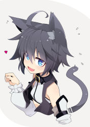 Rule 34 | 1girl, ahoge, animal ear fluff, animal ears, black collar, black hair, black vest, blue eyes, borrowed character, breasts, cat ears, cat girl, cat tail, collar, commentary request, crop top, cropped torso, eyes visible through hair, grey background, hair between eyes, hand up, heart, highres, long sleeves, ogami kazuki, open clothes, open vest, original, puffy long sleeves, puffy sleeves, shirt, sleeveless, sleeveless shirt, small breasts, solo, tail, two-tone background, upper body, vest, white background, white shirt, white sleeves