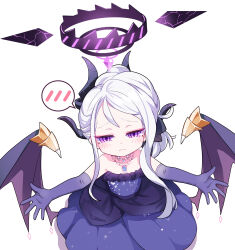 Rule 34 | 1girl, absurdres, black horns, blue archive, blush, closed mouth, collarbone, demon horns, demon wings, dress, flat chest, grey hair, halo, highres, hina (blue archive), hina (dress) (blue archive), horns, jewelry, long hair, multiple horns, necklace, official alternate costume, purple dress, purple eyes, purple wings, simple background, solo, spoken blush, strapless, strapless dress, white background, wings, xtacy