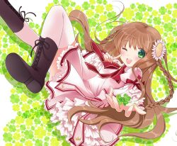 Rule 34 | 1girl, :d, asahina yori, blush, boots, braid, brown footwear, clover, comiket 90, commentary request, dress, eyes visible through hair, feet out of frame, floating hair, flower, four-leaf clover, frilled dress, frilled sleeves, frills, green background, green eyes, hair between eyes, hair flower, hair ornament, happy, index finger raised, juliet sleeves, kanbe kotori, kazamatsuri institute high school uniform, knee up, long hair, long sleeves, looking at viewer, lying, no ahoge, on back, one eye closed, open mouth, pink dress, puffy sleeves, reaching, reaching towards viewer, red ribbon, rewrite, ribbon, school uniform, simple background, smile, solo, sunflower, sunflower hair ornament, teeth, thighhighs, twin braids, tying footwear, upper teeth only, very long hair, wavy hair, white background, white thighhighs, wide sleeves