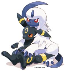 Rule 34 | absol, animal focus, black eyes, claws, closed mouth, colored sclera, creatures (company), game freak, gen 2 pokemon, gen 3 pokemon, highres, nintendo, no humans, pokemon, pokemon (creature), red eyes, red sclera, rorosuke, signature, simple background, twitter username, umbreon, white background, white hair