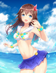 Rule 34 | 1girl, absurdres, alternate costume, ankimo (tokino sora), bikini, blue eyes, blue sky, breasts, brown hair, cleavage, cloud, cloudy sky, day, hair ornament, hand up, highres, hololive, hozuka, in water, long hair, looking at viewer, miniskirt, navel, neckerchief, ocean, open mouth, outdoors, sailor collar, sideboob, skirt, sky, smile, solo, sparkle, star (symbol), star hair ornament, swimsuit, tareme, tokino sora, tokino sora (hololive summer 2019), virtual youtuber, wading, water, water drop, wrist cuffs