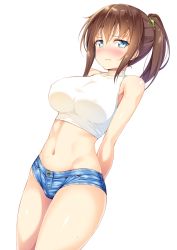 Rule 34 | 1girl, arms behind back, bare shoulders, blue eyes, blue shorts, blush, breasts, brown hair, covered erect nipples, denim, denim shorts, glaring, hair between eyes, hair ornament, hair scrunchie, highres, hip focus, kazuma (kazumav), large breasts, looking at viewer, navel, nose blush, original, ponytail, scrunchie, shirt, short shorts, shorts, simple background, sleeveless, solo, stomach, strapless, sweat, taut clothes, taut shirt, thighs, tube top, turtleneck, white background