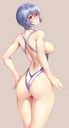 Rule 34 | 1girl, alternate breast size, ass, ayanami rei, backless swimsuit, bare arms, bare shoulders, blue hair, blush, breasts, breasts out, clothes pull, commentary, covered erect nipples, criss-cross back-straps, from behind, grey background, halterneck, highleg, highleg swimsuit, highres, lips, looking at viewer, looking back, medium breasts, neon genesis evangelion, one-piece swimsuit, one-piece swimsuit pull, parted lips, rebuild of evangelion, red eyes, shiny skin, short hair, simple background, solo, swimsuit, thighs, topless, white one-piece swimsuit, zucchini