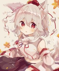 Rule 34 | animal ear fluff, animal ears, autumn leaves, bare shoulders, black skirt, blush, commentary, detached sleeves, hat, highres, inubashiri momiji, leaf, maple leaf, mina (sio0616), one-hour drawing challenge, open mouth, pom pom (clothes), red eyes, ribbon-trimmed sleeves, ribbon trim, shirt, short hair, simple background, skirt, sleeveless, sleeveless shirt, surprised, tail, tokin hat, touhou, upper body, white hair, white shirt, wide sleeves, wolf ears, wolf tail