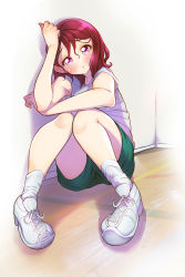 Rule 34 | 1girl, :o, arm rest, armpit peek, blush, commentary request, foreshortening, green shorts, gym, gym shirt, gym shorts, gym uniform, hair ornament, hairpin, hanadera nodoka, healin&#039; good precure, highres, indoors, knee up, knees together feet apart, looking at viewer, open mouth, pink eyes, pink hair, precure, rikito1087, shirt, shoes, short hair, shorts, sitting, sneakers, socks, solo, sweat, thighs, white shirt, white socks