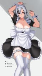 Rule 34 | 1girl, absurdres, alternate costume, apron, arlecchino (genshin impact), arms up, black dress, black eyes, black hair, black nails, blush, breasts, bridal garter, cleavage, dress, enmaided, feet out of frame, genshin impact, grey background, grey hair, hair ornament, hiep studio, highres, large breasts, looking at viewer, maid, maid headdress, multicolored hair, nail polish, parted lips, puffy short sleeves, puffy sleeves, short dress, short hair, short sleeves, solo, streaked hair, thighhighs, thighs, waist apron, white apron, white thighhighs, wrist cuffs