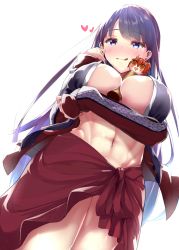 Rule 34 | 1girl, abs, arm under breasts, between breasts, bikini, black bikini, blue eyes, blush, breasts, cleavage, fate/grand order, fate (series), heart, jacket, large breasts, licking lips, long hair, long sleeves, looking at viewer, martha (fate), martha (swimsuit ruler) (fate), martha (swimsuit ruler) (first ascension) (fate), navel, open clothes, open jacket, purple hair, red jacket, sarong, simple background, smile, solo, straight hair, swimsuit, tetranono, thighs, tongue, tongue out, white background
