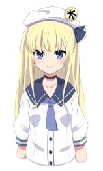 Rule 34 | 1girl, belt collar, blonde hair, blue eyes, blue necktie, blue sailor collar, blush, chawan (yultutari), collar, commentary request, copyright request, cropped arms, cropped torso, fang, hat, hat pin, highres, long hair, looking at viewer, necktie, puffy sleeves, sailor collar, shirt, simple background, smile, solo, upper body, white background, white hat, white shirt