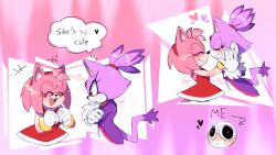 Rule 34 | 2girls, amy rose, animal ears, blaze the cat, cat ears, cat girl, cat tail, closed eyes, dress, forehead jewel, fur-trimmed gloves, fur trim, furry, furry female, gloves, hairband, heart, highres, laclau349, multiple girls, open mouth, pink fur, ponytail, purple fur, red dress, red hairband, smile, sonic (series), speech bubble, tail, white gloves, yuri