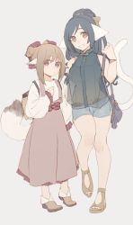 Rule 34 | 2girls, age difference, animal ears, aquaplus, bag, bare legs, bare shoulders, boots, breasts, brown hair, cat tail, closed mouth, collarbone, covered collarbone, double bun, dress, eyelashes, eyes visible through hair, feet, frilled sleeves, frills, full body, gradient eyes, grin, hair bun, hair ornament, hair over one eye, hair ribbon, hand on own chest, handbag, head tilt, height difference, high ponytail, highres, kuon (utawarerumono), large breasts, long hair, long image, long sleeves, looking at viewer, mole, mole under eye, multicolored eyes, multiple girls, nail polish, nekone (utawarerumono), orange eyes, ponytail, raised eyebrows, red eyes, red ribbon, rg hki, ribbon, see-through, see-through shirt, shirt, shorts, sidelocks, sleeveless, sleeveless shirt, small breasts, smile, standing, standing on one leg, swept bangs, tail, tall image, teeth, thick thighs, thighs, utawarerumono, utawarerumono: itsuwari no kamen, very long hair, white tail, wide hips
