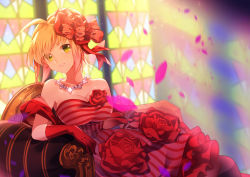 Rule 34 | 10s, 1girl, ahoge, arm rest, armchair, bare shoulders, blonde hair, blurry, blurry background, breasts, chair, cleavage, collarbone, depth of field, dress, elbow gloves, fate/extra, fate (series), flower, fromchawen, glint, gloves, green eyes, hair flower, hair intakes, hair ornament, head tilt, indoors, jewelry, light rays, looking at viewer, medium breasts, necklace, nero claudius (fate), nero claudius (fate) (all), nero claudius (fate/extra), official alternate costume, pearl necklace, petals, red dress, red flower, red gloves, red rose, rose, shawl, signature, sitting, solo, stained glass, strapless, strapless dress, striped clothes, striped dress, sunbeam, sunlight, tareme, vertical-striped clothes, vertical-striped dress