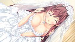 Rule 34 | 1girl, ayazaki sumire, bare shoulders, blush, breasts, bridal veil, bride, brown hair, cleavage, downblouse, dress, dutch angle, closed eyes, female focus, game cg, gloves, jewelry, large breasts, long hair, melty moment, necklace, odawara hakone, own hands together, smile, solo, strapless, strapless dress, v arms, veil, wedding dress, white dress, white gloves