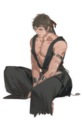 Rule 34 | 1boy, absurdres, ardbert hylfyst, arm tattoo, armlet, bare pectorals, bare shoulders, barefoot, beard stubble, belt, belt buckle, black belt, black pants, black vest, blue eyes, brown hair, buckle, cropped legs, crossed legs, facial hair, facial scar, final fantasy, final fantasy xiv, hands on lap, headband, highres, looking at viewer, male focus, pants, pectorals, scar, scar on cheek, scar on chest, scar on face, short hair, shuangbatian, simple background, sitting, solo, stubble, sweat, tattoo, thick eyebrows, toes, toned, toned male, vest, white background, white headband, wristband